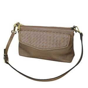 Kattee Womens Leather Shoulder Bag Taupe Brown Pebbled Woven Flap Zip Top Purse